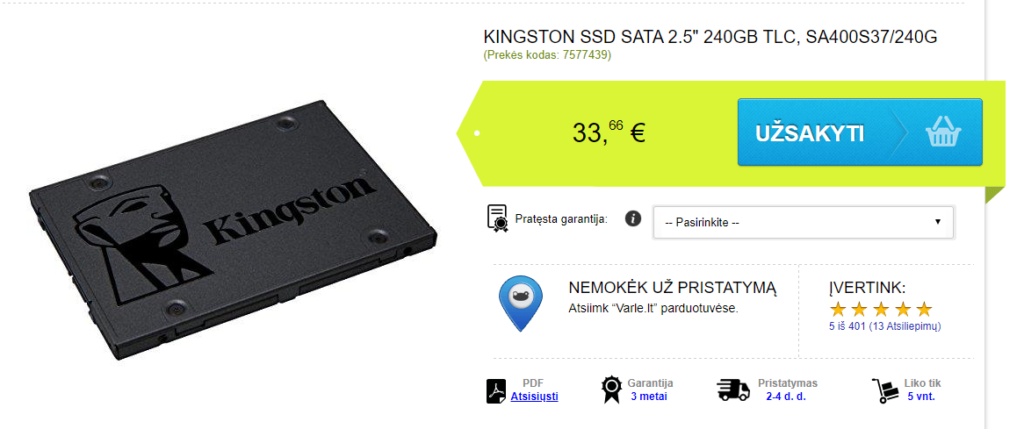 ssd disko kaina, kuris pagreitina seno kompiuterio darba