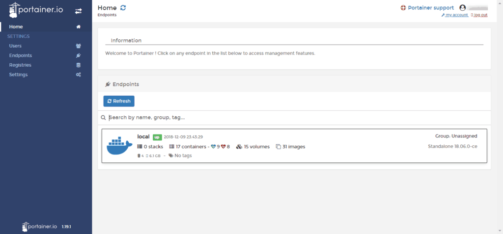 docker portainer pagrindinis langas
