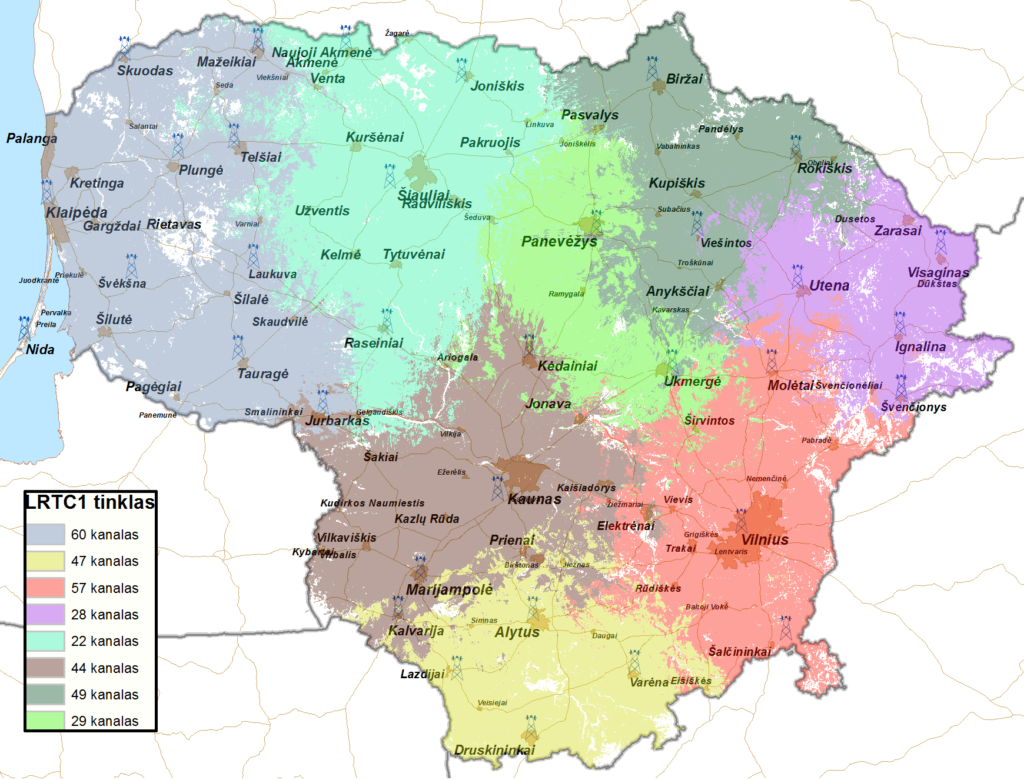 Lietuviškų nemokamų DVB-T kanalų paleidimas į tinklą 5 LRTC pateiktas bokštų žemėlapis